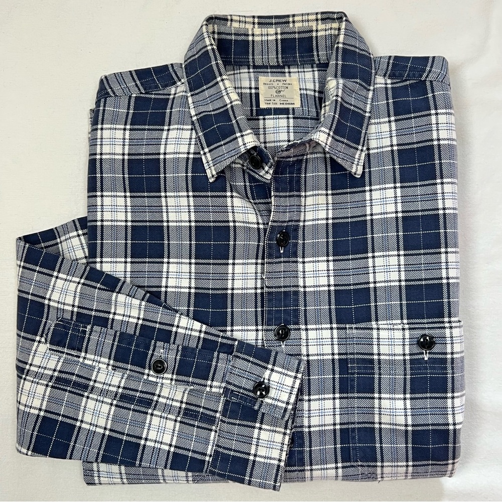 J CREW Flannel Shirt 100% Cotton White Blue Size Medium